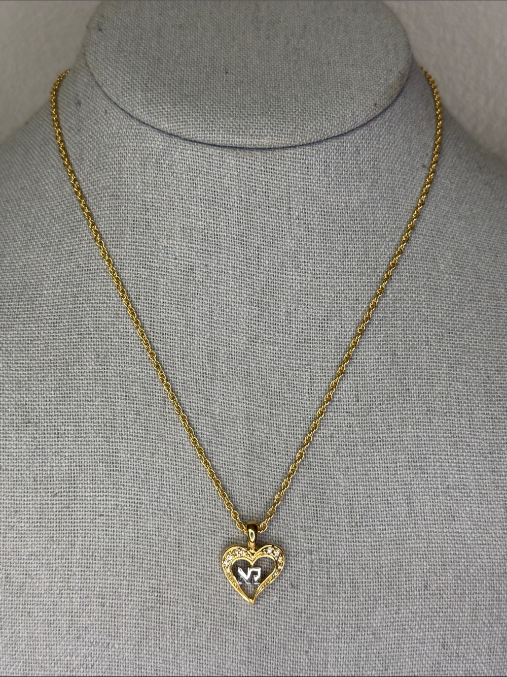 Nina Ricci Gold-Tone Crystal Heart Pendant Necklace 16" NR Logo Vintage